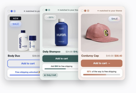 The same Flowpack badge, button and free-shipping designs adapting to three different store themes