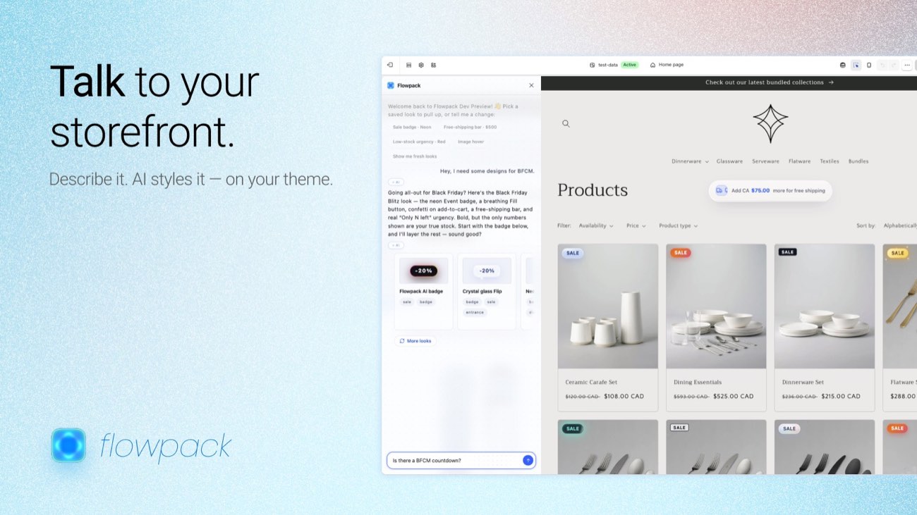 Flowpack studio: describe your storefront in chat and it styles your theme live