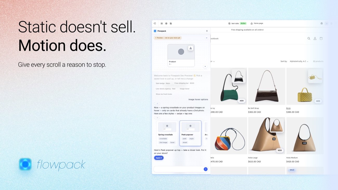 Flowpack motion effects across a storefront — hover, tap and entrance animations