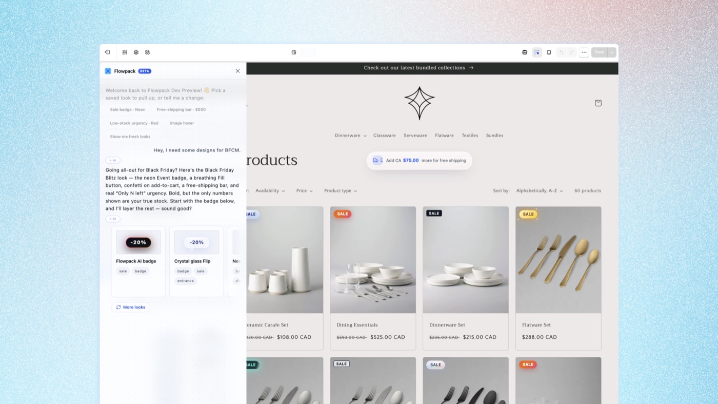 The Flowpack studio proposing a Black Friday look on a live dinnerware storefront from a plain-words chat request