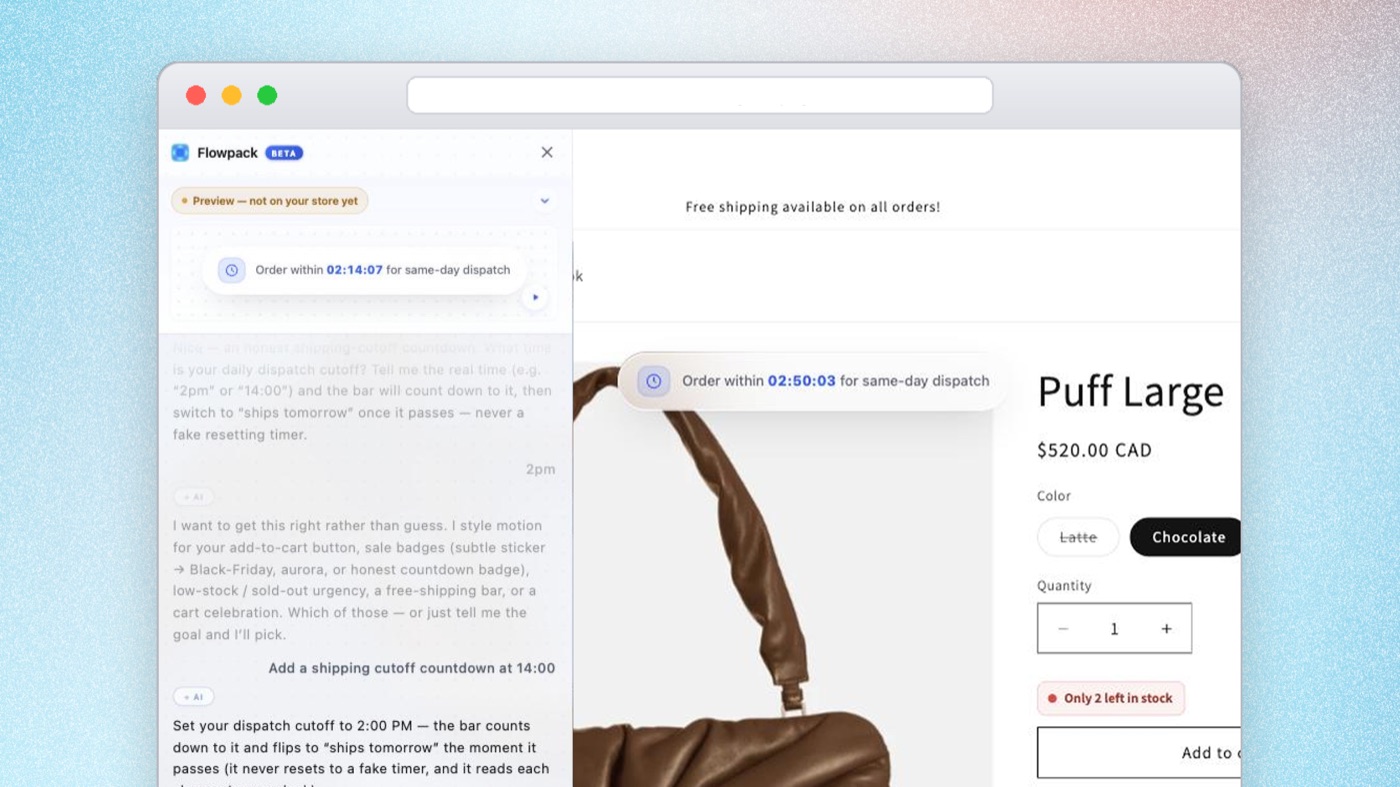 A real dispatch-cutoff countdown and a true Only-2-left low-stock label on a live product page