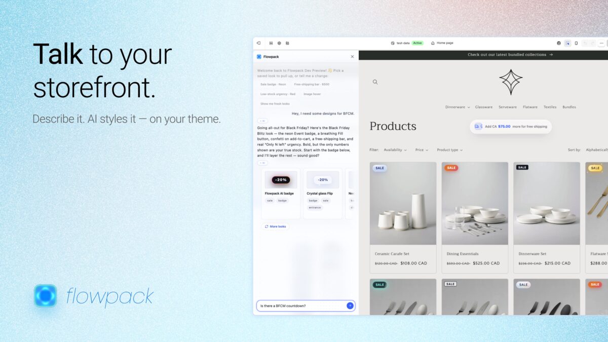 Chat panel styling a storefront: Black Friday look with badges and free-shipping bar