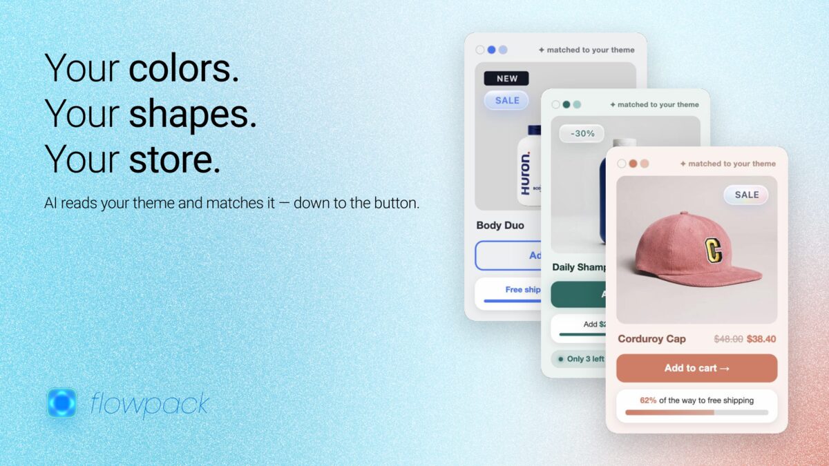 Three product cards each matched to a different store's colors and shapes